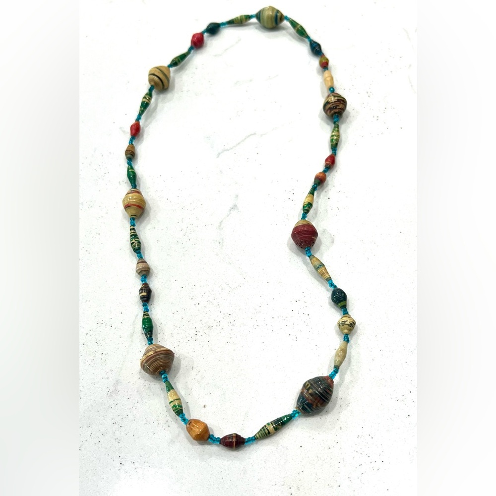 Vintage African Rolled Paper Bead Necklace 11”  Colorful